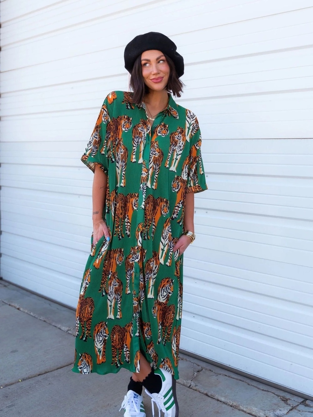 Dress is Lala Green Tiger-Print Button-Down Maxi Dress
